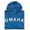 Blue Omaha pullover hoodie with the word OMAHA printed in white letters on the front.
