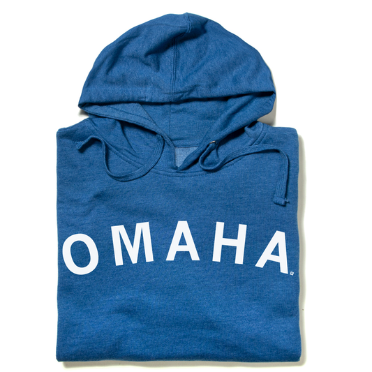 Blue Omaha pullover hoodie with the word OMAHA printed in white letters on the front.
