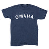 Blue heather denim crewneck t-shirt with OMAHA printed in white capital letters across the chest.