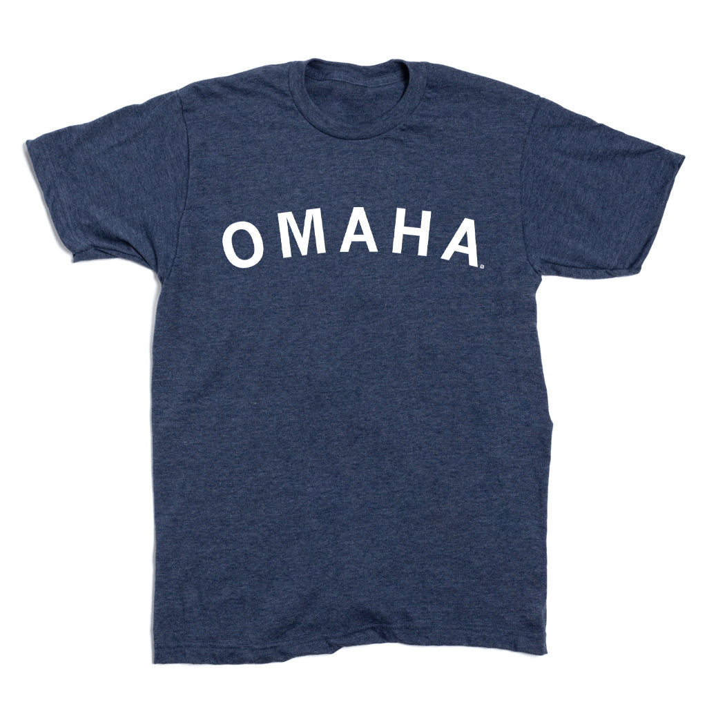 Blue heather denim crewneck t-shirt with OMAHA printed in white capital letters across the chest.