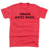 Heather red RAYGUN t-shirt with the black text OMAHA HATES NAZIS printed on the chest.