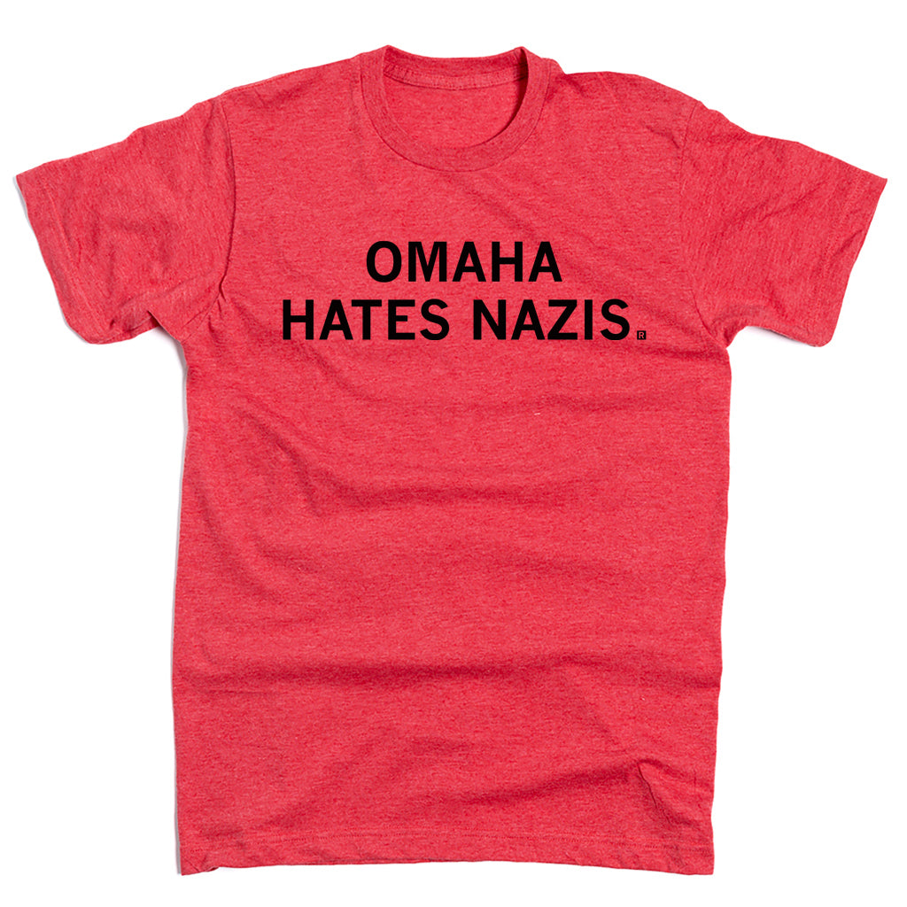Heather red RAYGUN t-shirt with the black text OMAHA HATES NAZIS printed on the chest.