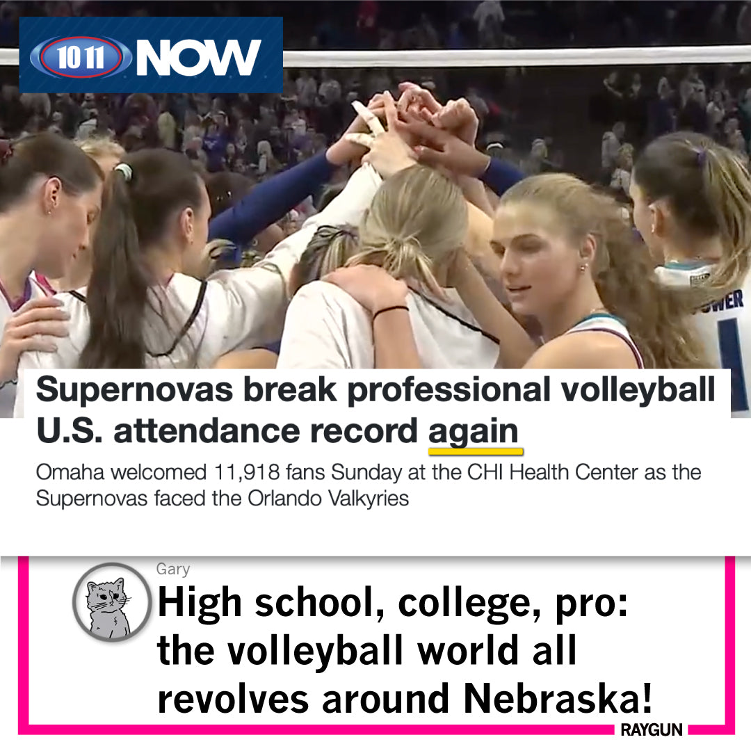 Female athletes in mellow yellow t-shirts huddle together on the court, with text overlaying the image reporting that the Supernovas broke a U.S. professional attendance record.