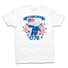 White patriotic t-shirt featuring a cat in an astronaut suit holding an American flag, with the text PARTY LIKE ITS 1776 and red and blue star accents.
