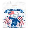 A white, union-made t-shirt featuring an astronaut cat in a spacesuit holding an American flag. It is surrounded by blue stars and red and blue sunburst lines, with PARTY LIKE ITS on a banner above this patriotic RAYGUN design.