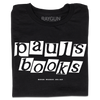 Black Paul’s bookstore t-shirt featuring the text pauls books in white block lettering with MADISON . WISCONSIN . 1954 - 2025 printed below.