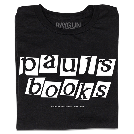 Black Paul’s bookstore t-shirt featuring the text pauls books in white block lettering with MADISON . WISCONSIN . 1954 - 2025 printed below.