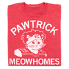 Red union-made cat t-shirt featuring a white graphic of a cat wearing a KC headband and a football jersey with the text PAWTRICK MEOWHOMES.