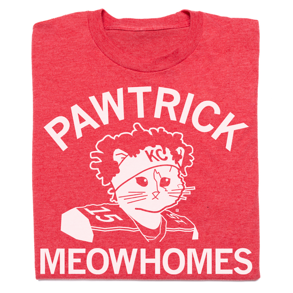 Red union-made cat t-shirt featuring a white graphic of a cat wearing a KC headband and a football jersey with the text PAWTRICK MEOWHOMES.