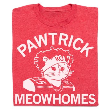 Red union-made cat t-shirt featuring a white graphic of a cat wearing a KC headband and a football jersey with the text PAWTRICK MEOWHOMES.