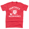 Red union-made cat t-shirt featuring a graphic of a cat in a headband and football jersey, with the text PAWTRICK MEOWHOMES above and below the illustration.