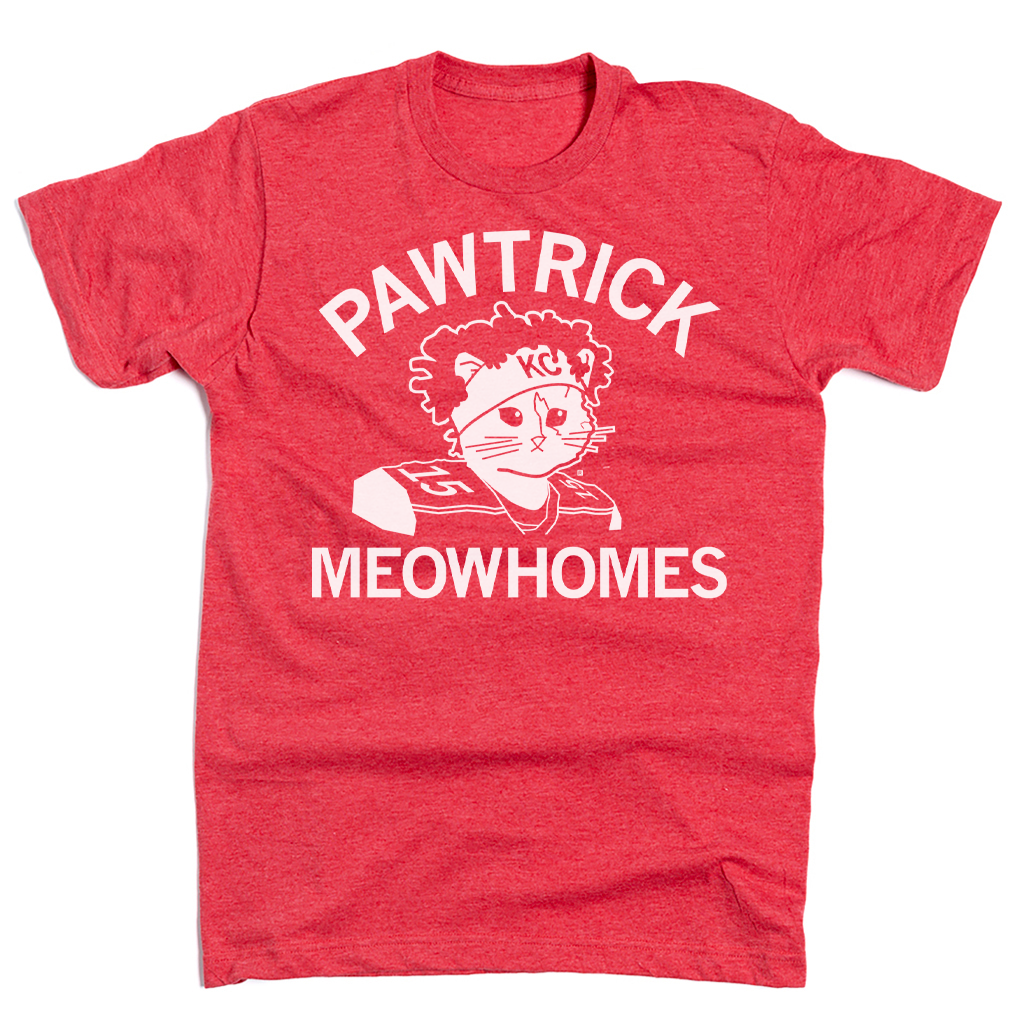 Red union-made cat t-shirt featuring a graphic of a cat in a headband and football jersey, with the text PAWTRICK MEOWHOMES above and below the illustration.