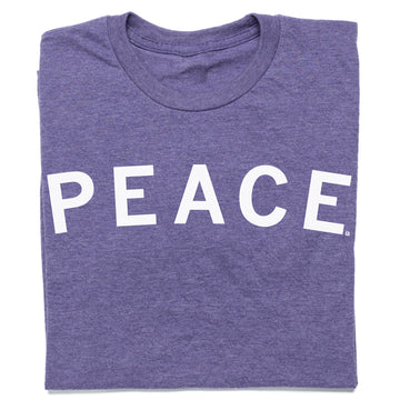 Folded heather purple t-shirt with the word PEACE printed in white capital letters.