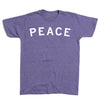 Heather purple short-sleeved t-shirt with PEACE printed in white capital letters across the chest.