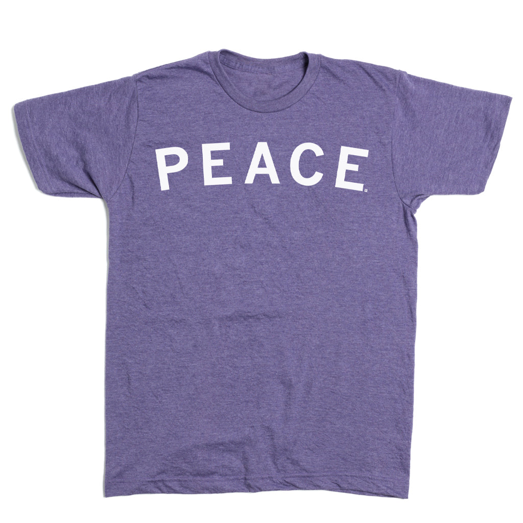 Heather purple short-sleeved t-shirt with PEACE printed in white capital letters across the chest.