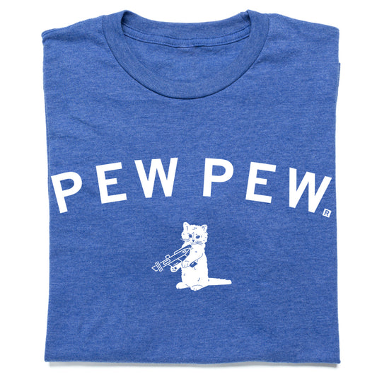 Blue RAYGUN t-shirt featuring the text PEW PEW above a graphic of a kitten holding a laser gun.