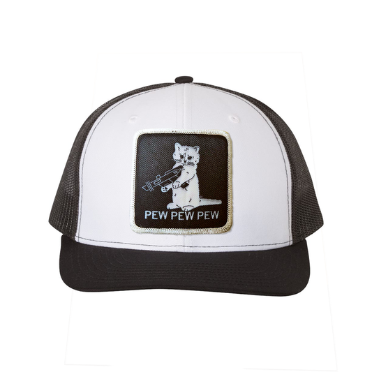 White and black trucker hat featuring an embroidered patch of a cat holding a raygun with the text PEW PEW PEW underneath.