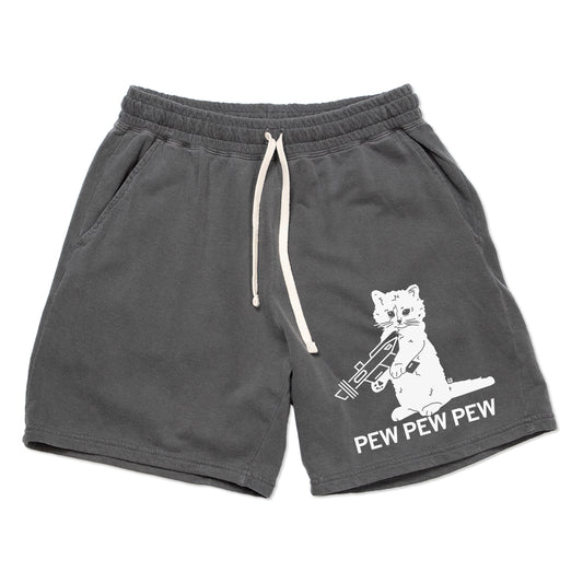 Garment-dyed charcoal gray pepper sweat shorts featuring a white graphic of a cat holding a ray gun with the text PEW PEW PEW.