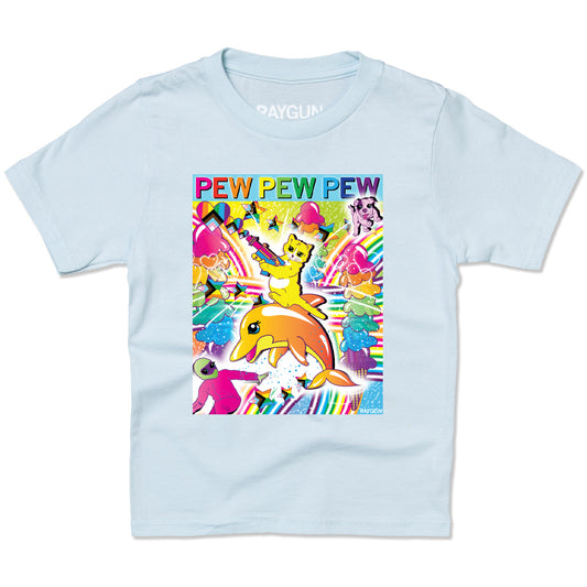 Light blue union-made t-shirt featuring a colorful pride graphic of a cat riding a dolphin while holding a space gun, with the text PEW PEW PEW above a rainbow and abstract shapes.