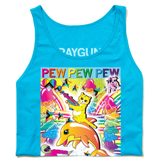 Neon blue tank top featuring a graphic of a yellow cat riding an orange dolphin, surrounded by rainbows, stars, hearts, an alien, and the text PEW PEW PEW.