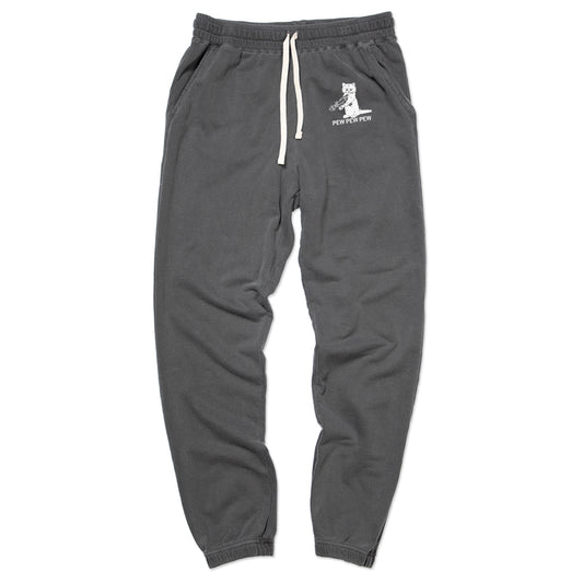 Charcoal gray garment-dyed sweatpants with a white drawstring and a graphic on the upper thigh of a cat holding a gun with the text PEW PEW PEW.