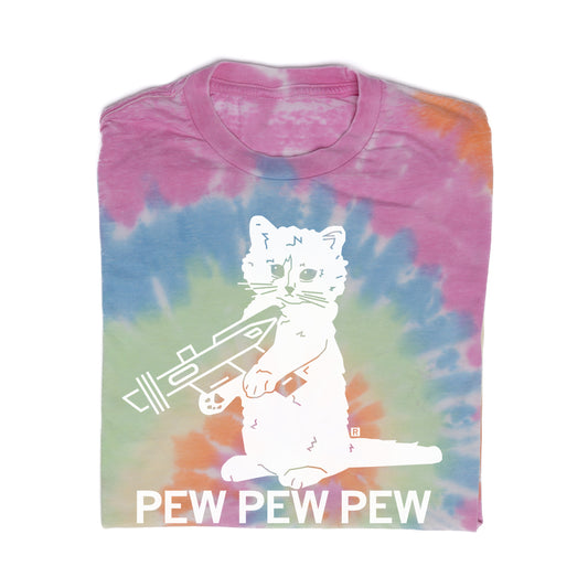 A pride tie-dye t-shirt featuring a white line-art graphic of a cat holding a laser gun with the text PEW PEW PEW below it.