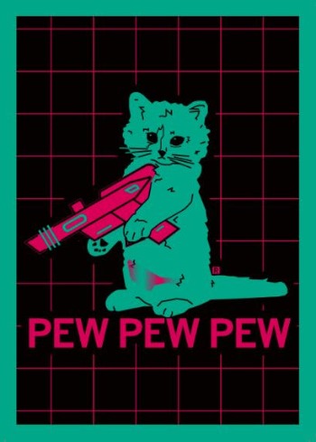 A teal cat standing on its hind legs holds a pink laser gun against a black grid background, echoing a vaporwave aesthetic, with the text PEW PEW PEW below.