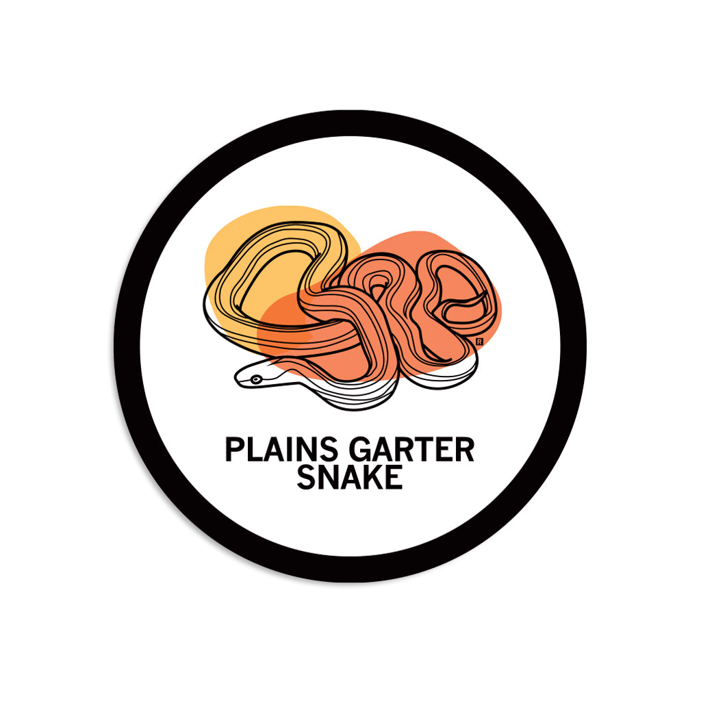 Circular RAYGUN vinyl sticker featuring a line-art illustration of a coiled Plains Garter Snake over orange and yellow abstract shapes, with the text PLAINS GARTER SNAKE below.