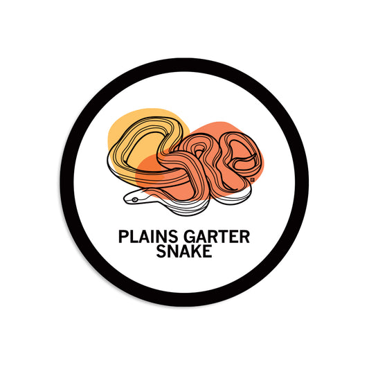 Circular RAYGUN vinyl sticker featuring a line-art illustration of a coiled Plains Garter Snake over orange and yellow abstract shapes, with the text PLAINS GARTER SNAKE below.