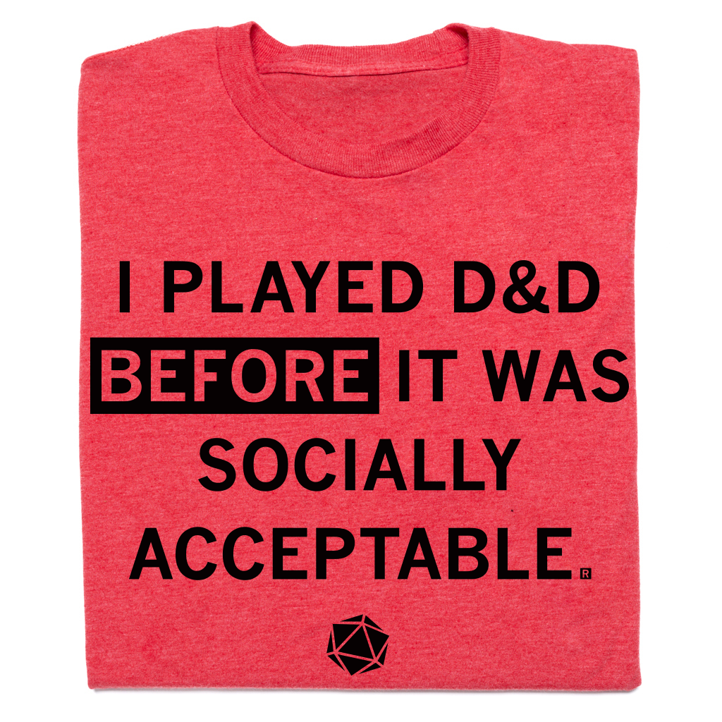Red RAYGUN T-shirt featuring a 20-sided die icon and the text: I played D&D before it was socially acceptable.