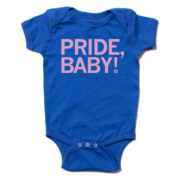 Blue organic baby onesie with the text PRIDE, BABY! printed in pink.