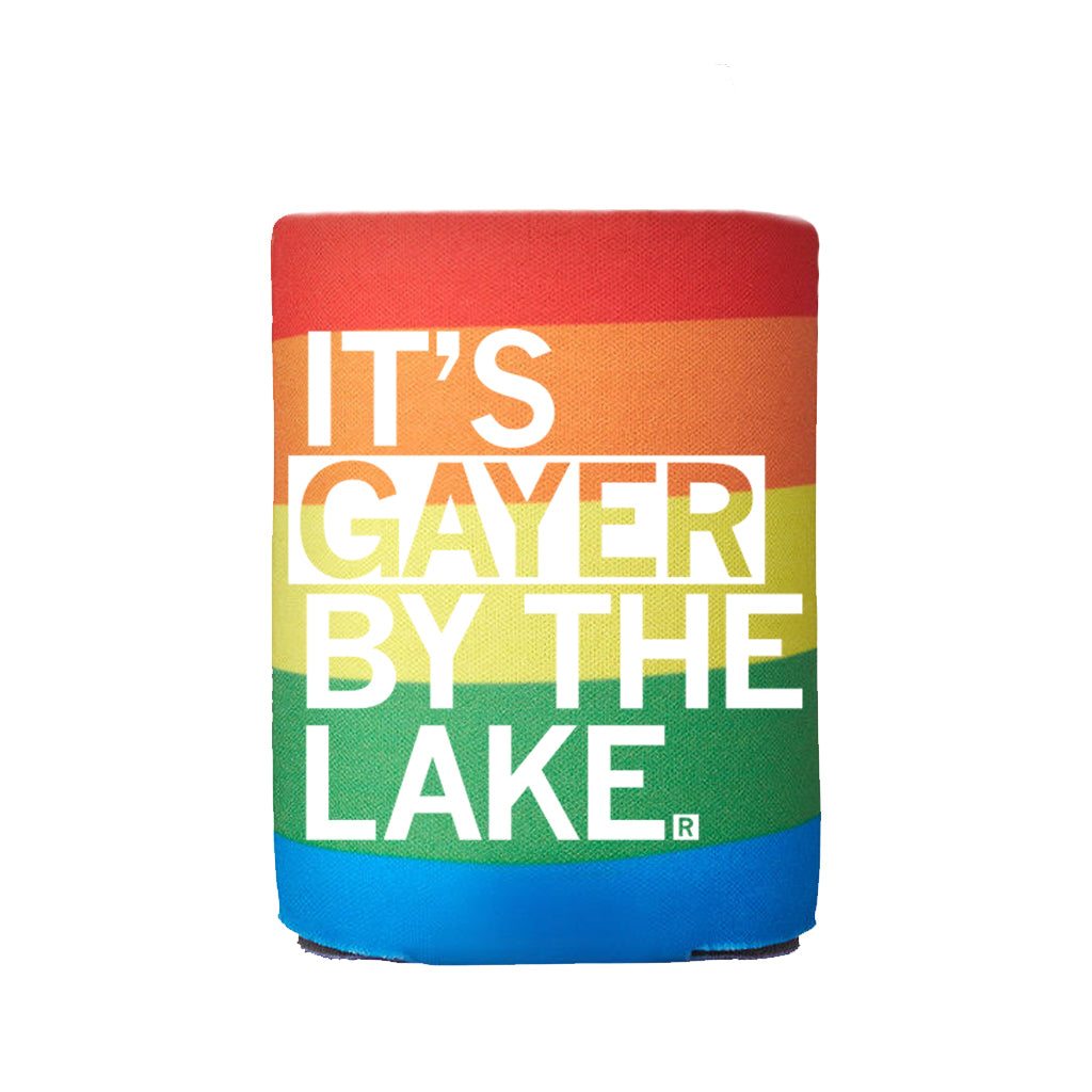 A RAYGUN can cooler featuring a rainbow background and the white text, ITS GAYER BY THE LAKE.