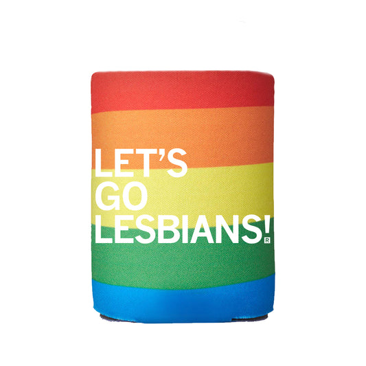 A rainbow foam can cooler featuring the white text LETS GO LESBIANS! from RAYGUN.