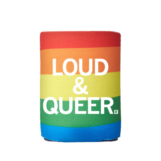 Rainbow-colored RAYGUN can cooler featuring the white text LOUD & QUEER.