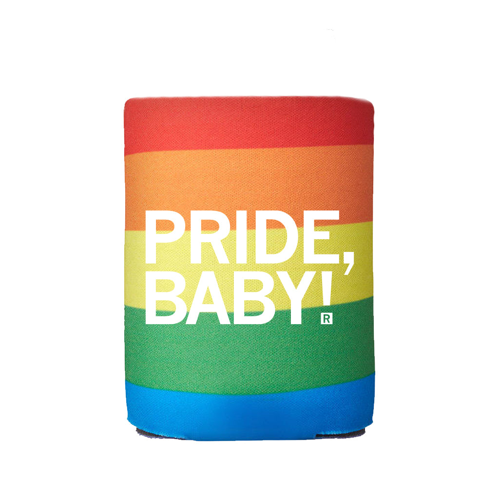 A union-made rainbow foam can cooler featuring horizontal stripes and the text PRIDE, BABY! in white.