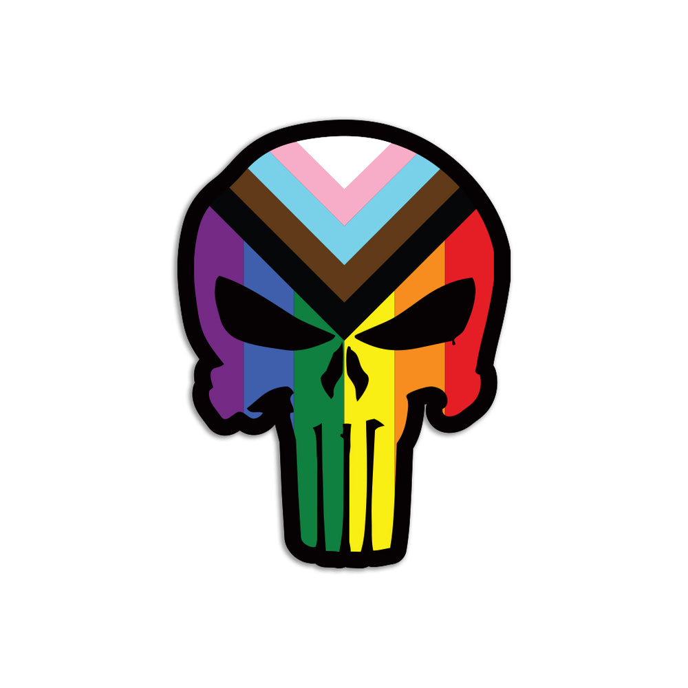 A die-cut sticker of the Punisher logo as a progress pride flag.