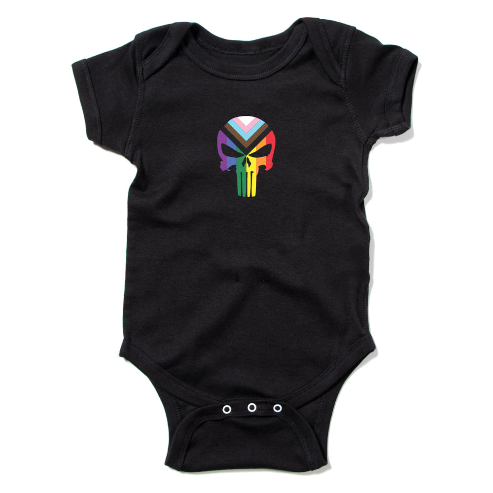 A black onesie with a heat transfer print of the punisher logo as a progress pride flag.