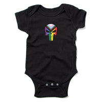 A black onesie with a heat transfer print of the punisher logo as a progress pride flag.