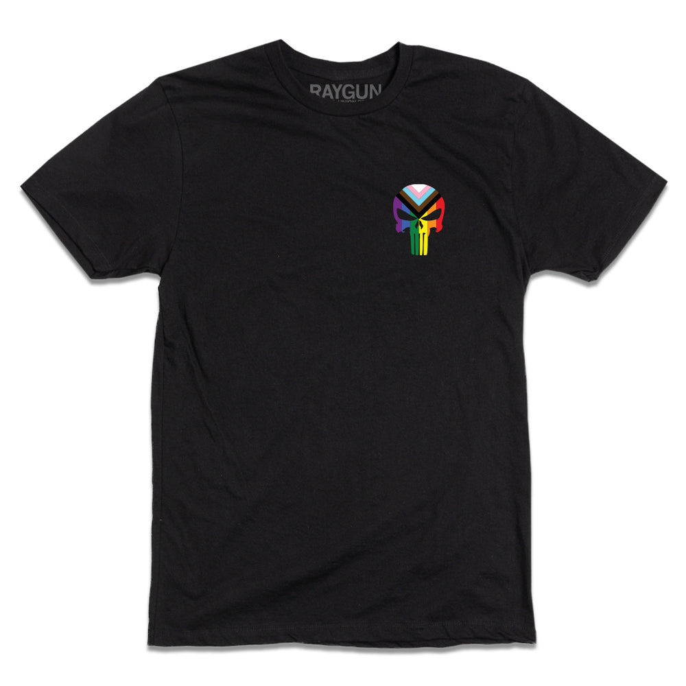 A black t-shirt with a small heat transfer print of the punisher logo in pride flag colors printed on the left side of the chest.