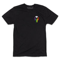 A black t-shirt with a small heat transfer print of the punisher logo in pride flag colors printed on the left side of the chest.