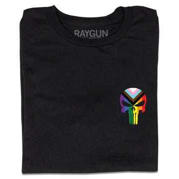 A folded black t-shirt with a heat transfer print of the punisher logo as a progress pride flag printed where a chest pocket would be.
