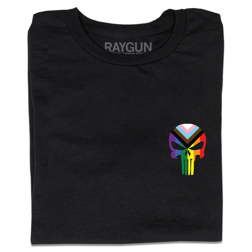 A folded black t-shirt with a heat transfer print of the punisher logo as a progress pride flag printed where a chest pocket would be.