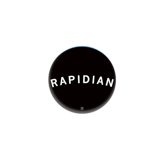 Circular black metal button logo with the white text RAPIDIAN across the center and a small registration mark at the bottom.