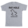 Heather gray t-shirt featuring the text RAT HOLE, an outline of the Chicago rat hole impression, and the text CHICAGO 2024.