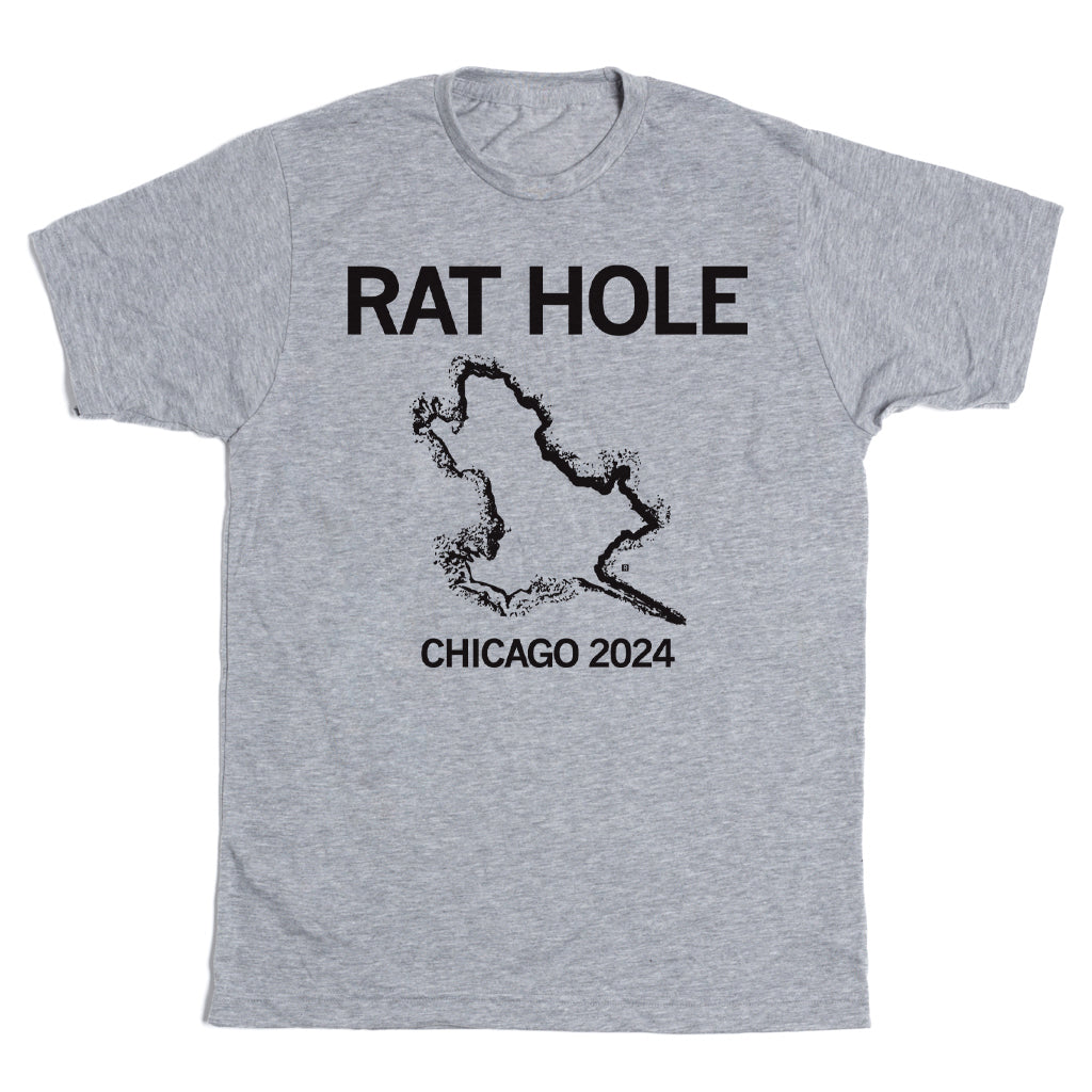 Heather gray t-shirt featuring the text RAT HOLE, an outline of the Chicago rat hole impression, and the text CHICAGO 2024.