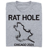 Heather grey t-shirt featuring the text RAT HOLE above a black silhouette of the Chicago rat hole and the text CHICAGO 2024.