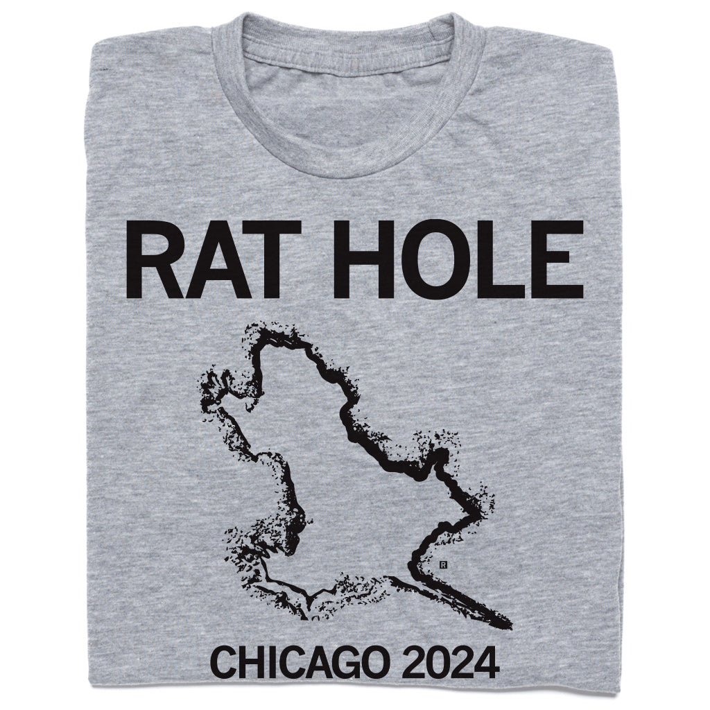 Heather grey t-shirt featuring the text RAT HOLE above a black silhouette of the Chicago rat hole and the text CHICAGO 2024.