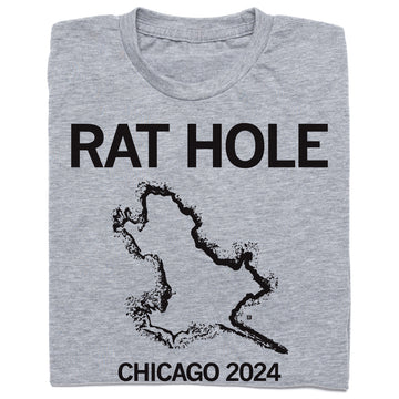 Heather grey t-shirt featuring the text RAT HOLE above a black silhouette of the Chicago rat hole and the text CHICAGO 2024.