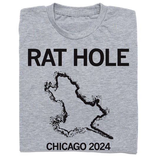 Heather grey t-shirt featuring the text RAT HOLE above a black silhouette of the Chicago rat hole and the text CHICAGO 2024.