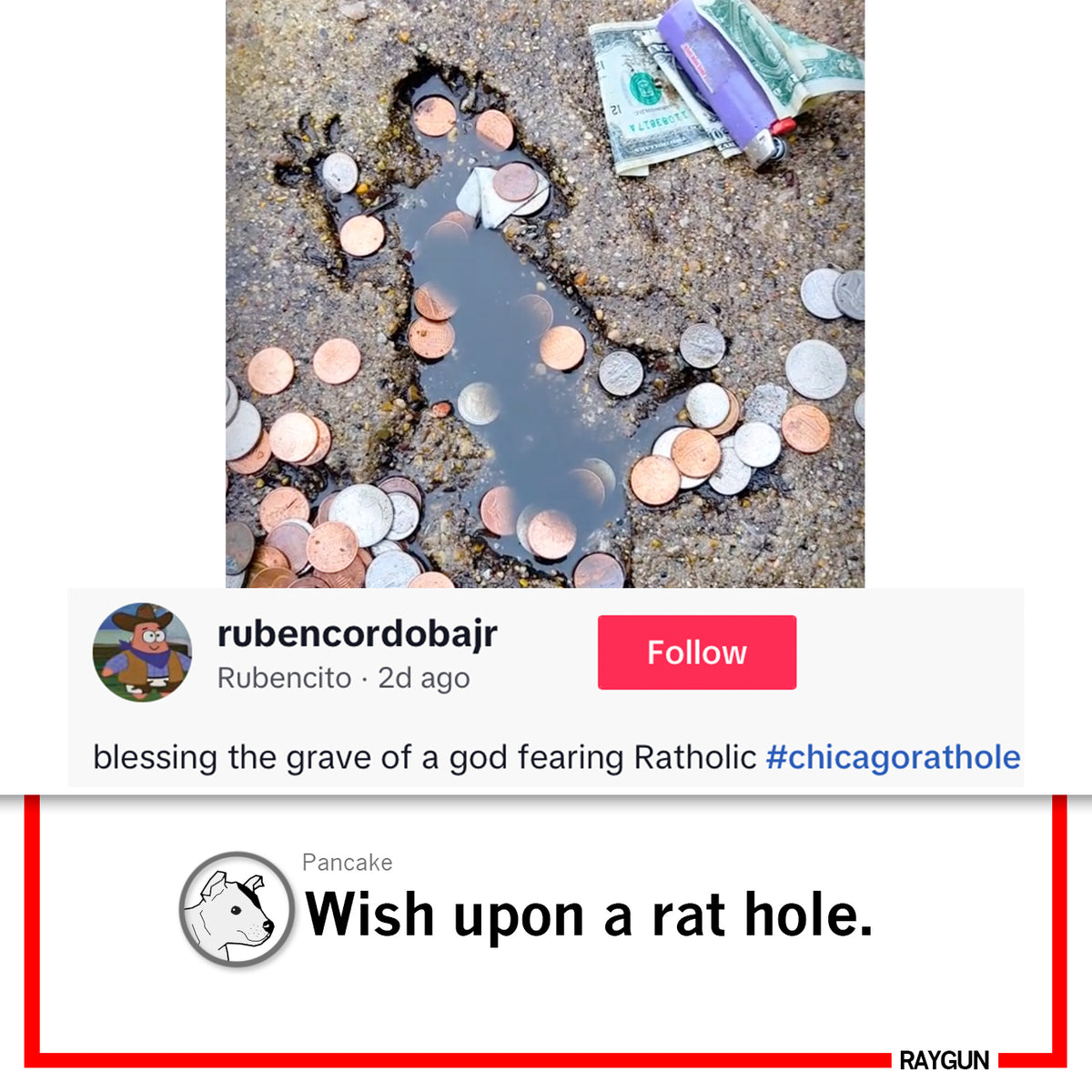 A rat-shaped pothole—the famous Chicago Rat Hole—filled with coins and a dollar bill, printed on a heather grey T-shirt.